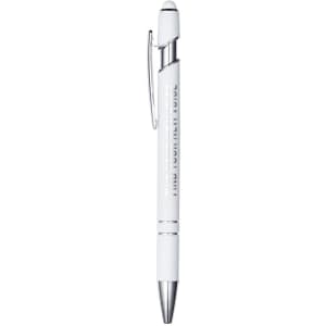 A white metal pen with a silver clip and tip, featuring a logo on its body.