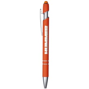 An orange metal pen with a chrome clip and an orange top. The pen has a logo on its side.