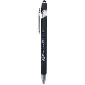 A black metal pen with a silver clip, featuring a branding logo on the barrel.