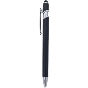 A black metal pen featuring a chrome clip and trim, with a stylus tip at the top. It includes a logo.