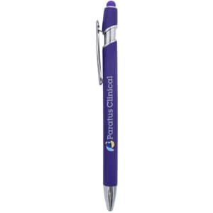 A purple metal pen with a silver clip and a branding logo on the barrel.