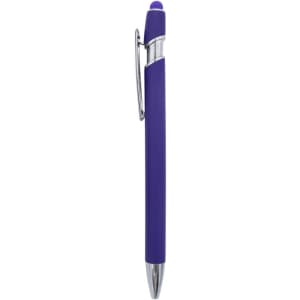 A purple metal pen with a chrome clip and a stylus tip. It has a sleek, smooth design.