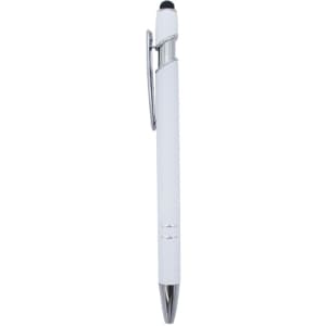 A white metal pen with a chrome clip and tip, featuring a stylus at the end. It has a branding logo.