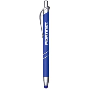 A blue metal pen with a silver clip and branding on its body. It features a touchscreen stylus tip.