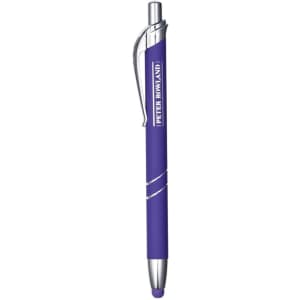 A purple metal pen with a silver clip and a logo. It features a sleek, modern design suitable for promotional use.