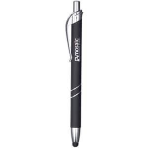 A black metal pen with a chrome clip and a branding logo, featuring a stylus tip for touch screens.