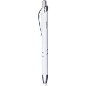 A white metal pen with a sleek design and chrome accents, featuring a clip and a logo.