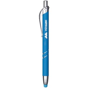 A blue metal pen with a silver clip and detailing, featuring a logo on the barrel.