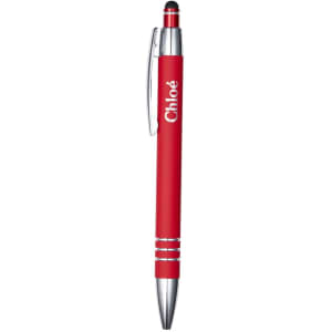 A red metal pen with a silver clip and a branding logo on the barrel. It features a stylus tip.