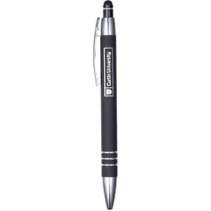 A metal pen in black with silver accents, featuring a logo on the side.