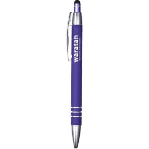 A purple metal pen with a silver clip and stylus tip, featuring a logo on the barrel.