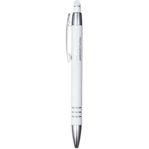 A white metal pen with silver accents and a logo. The pen features a stylus tip on one end.