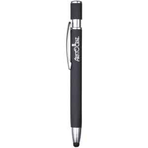 A metal pen with a matte black finish and chrome accents, featuring a logo on the side.