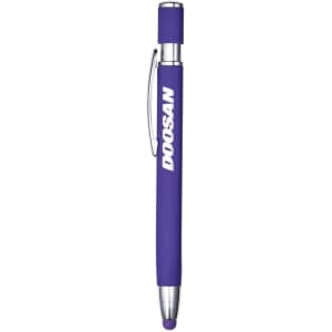 A metal pen with a purple body and silver accents, featuring a logo on the side.