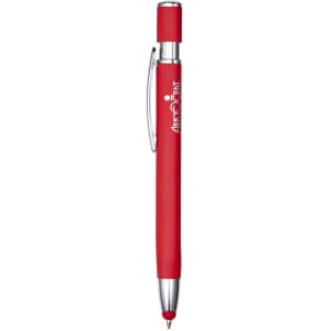 A red metal pen with a shiny silver tip and clip, featuring a logo on the barrel.