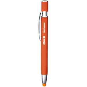 An orange metal pen with a chrome clip and tip, featuring a logo on the barrel.