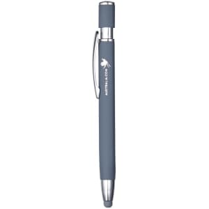A metal pen in blue with a silver clip and a branding logo. The pen features a smooth finish and a stylus tip.
