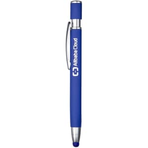 A blue metal pen with a silver clip and a logo near the grip. It features a stylus tip on the end.