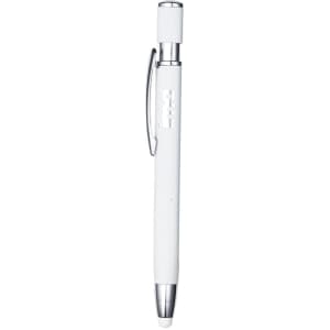 A white metal pen with a chrome clip and tip, featuring a branding logo.