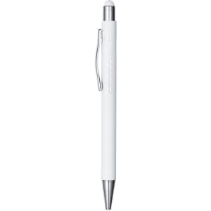 A white metal pen with a silver clip and tip, featuring a logo on its body.