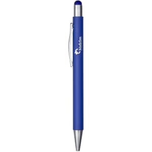 A blue metal pen with a silver clip and a logo, featuring a smooth finish and a stylus tip.