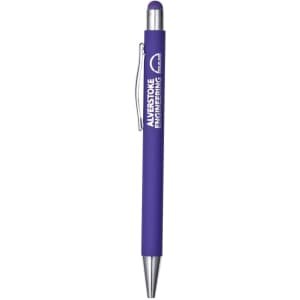 A purple metal pen with a silver clip and a branding logo. Features a smooth finish and a stylus tip.