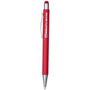 A red metal pen with a silver clip and tip, featuring a logo on its body.