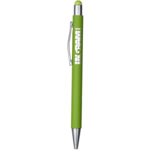 A green metal pen featuring a silver clip and a rounded tip, with a logo on the barrel.