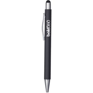A black metal pen with a silver clip and a branding logo near the top. It features a smooth finish and a stylus tip.