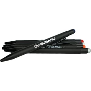 A set of stylus pens in various colours, featuring a logo, arranged in a pile on a white background.