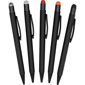 A collection of five Tirana Pens in black with grey, white, red, orange, and black stylus tips, featuring a logo.