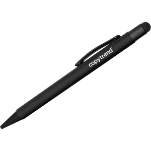 A black stylus pen featuring a detachable cap and a logo. Ideal for writing and touchscreen use.