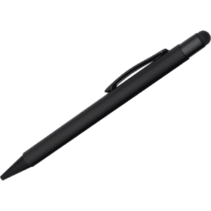 A black stylus pen featuring a sleek design and a clip for easy attachment. It includes a logo on the barrel.
