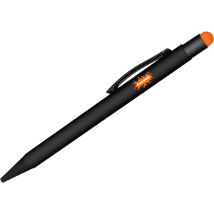 A black stylus pen with an orange tip and a clip, featuring a logo.