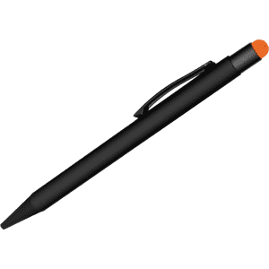 A black pen with an orange stylus tip, featuring a clip and a simple design. It has a logo on the body.