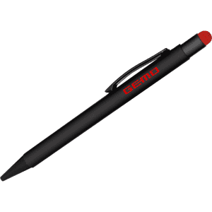 A black stylus pen with a red tip, featuring a branding logo on the barrel.
