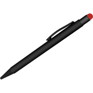 A black stylus pen featuring a red tip, with a clip for easy attachment. It also includes a logo.