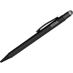A sleek black stylus pen with a rounded tip and a clip, featuring a logo.