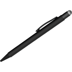 A black stylus pen with a sleek design and a silver tip, featuring a clip and branding.