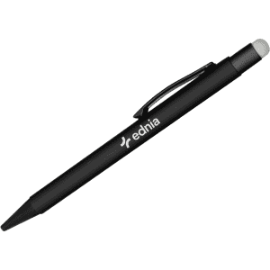 A black stylus pen featuring a smooth finish and a clip for easy attachment, with a logo on the side.