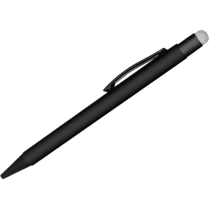 A black stylus pen with a matte finish and a soft tip at one end, featuring a clip for attachment.
