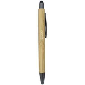 A bamboo pen featuring a black stylus tip and a silver clip, with branding on the body.