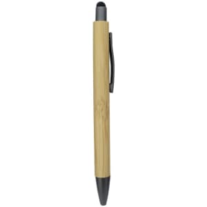 A bamboo pen featuring a black stylus tip and a sleek design with a metallic clip.