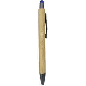 A bamboo pen with a blue stylus tip and a black ballpoint end, featuring a branding logo.