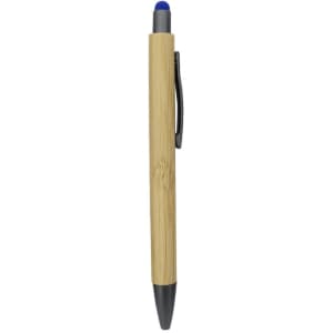 A bamboo pen with a blue stylus tip and a black end, featuring a simple clip for easy attachment.