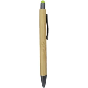 A bamboo pen featuring a green stylus tip and a black clip, with a sleek design and natural finish.