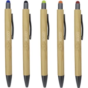 A set of five bamboo stylus pens featuring blue, green, orange, red, and black tips, each with a black grip and clip.