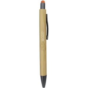 A bamboo pen with an orange stylus tip and a black barrel. It features a clip and has a logo.