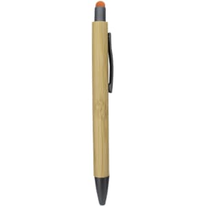 A bamboo pen with an orange stylus tip and black accents, featuring a clip for easy attachment.