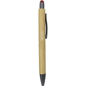 A bamboo pen featuring a red stylus tip and black accents, with a clip for easy carrying. It has a logo on the body.